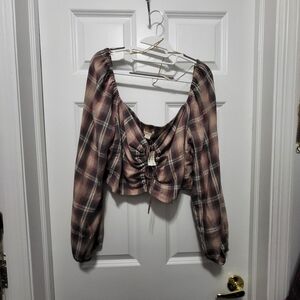 Pink and Grey plaid keyhole crop top with long sleeves